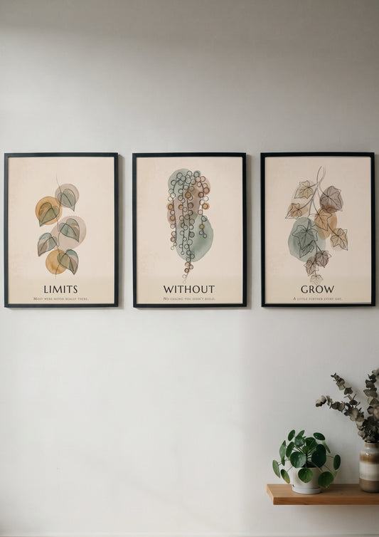 Poster set featuring three botanical illustrations with sage green and ochre organic shapes