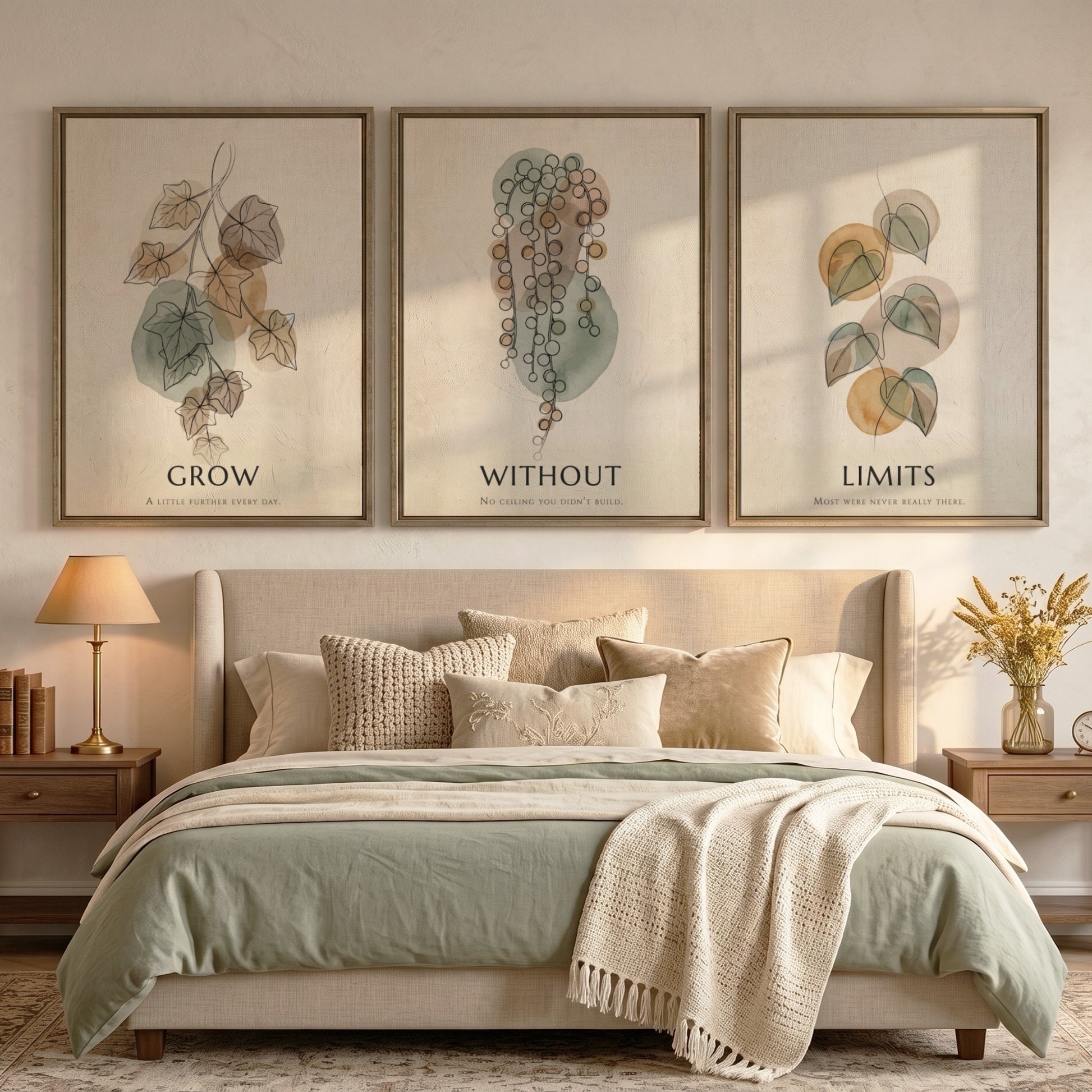 Poster set featuring three botanical illustrations with sage green and ochre organic shapes