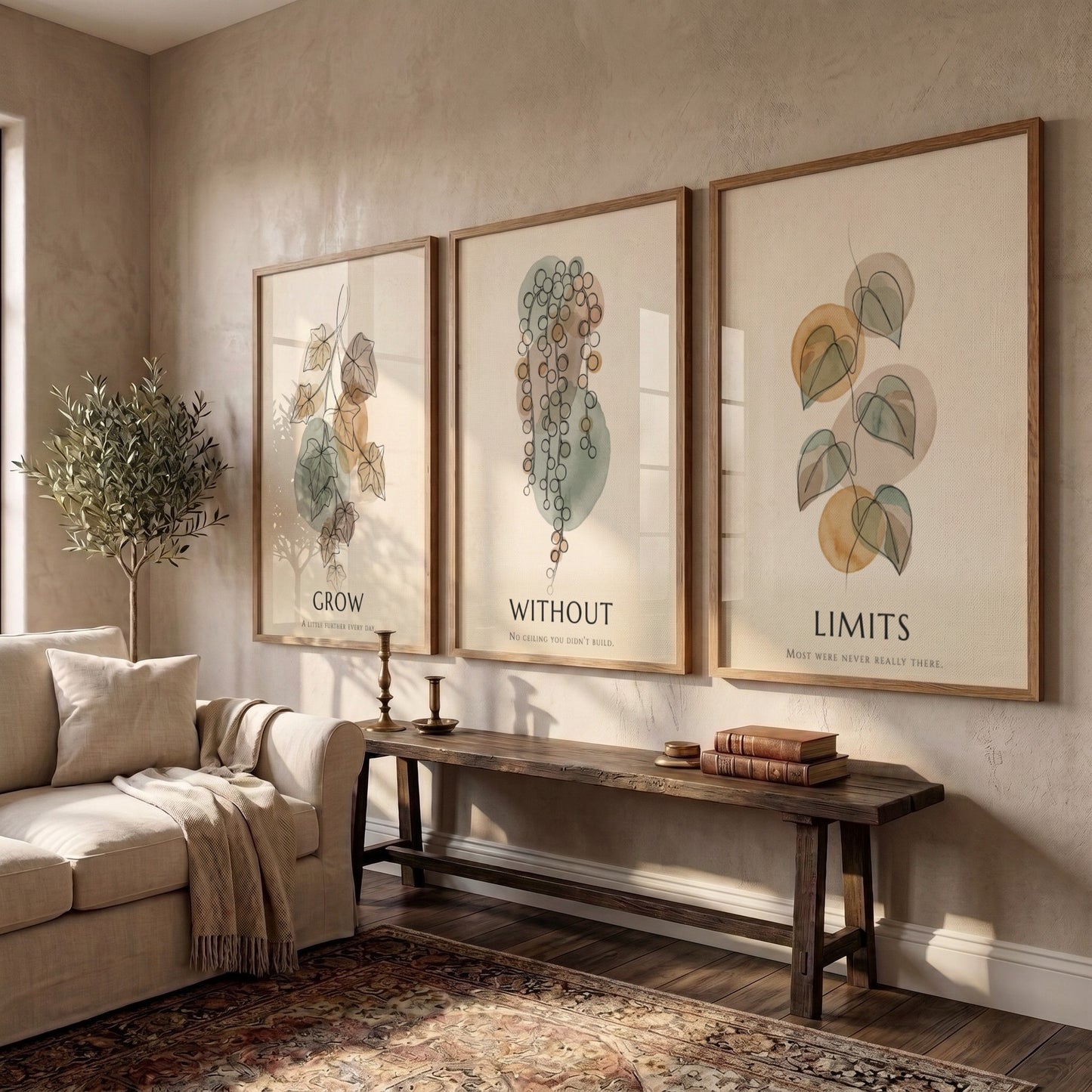 Poster set featuring three botanical illustrations with sage green and ochre organic shapes