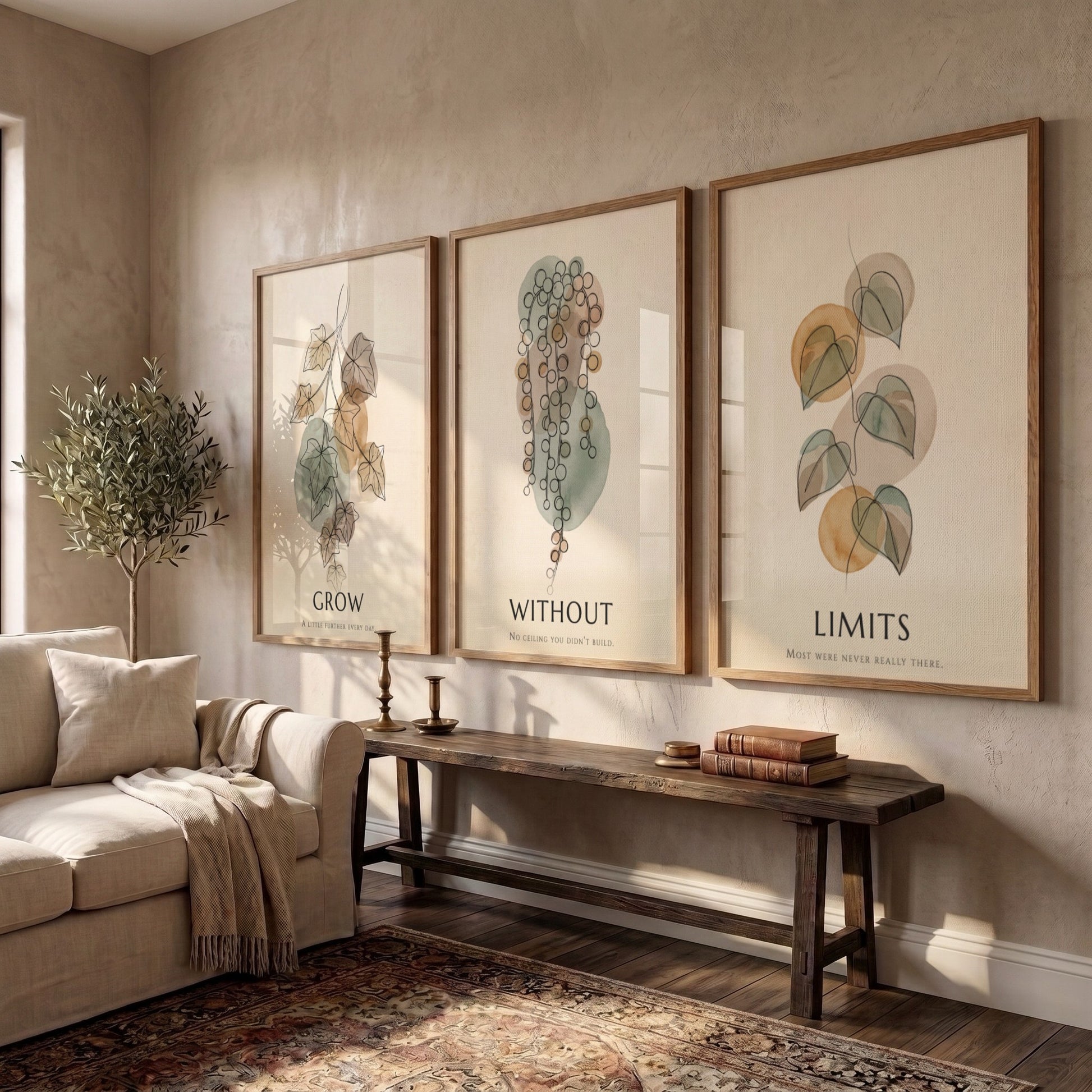 Poster set featuring three botanical illustrations with sage green and ochre organic shapes