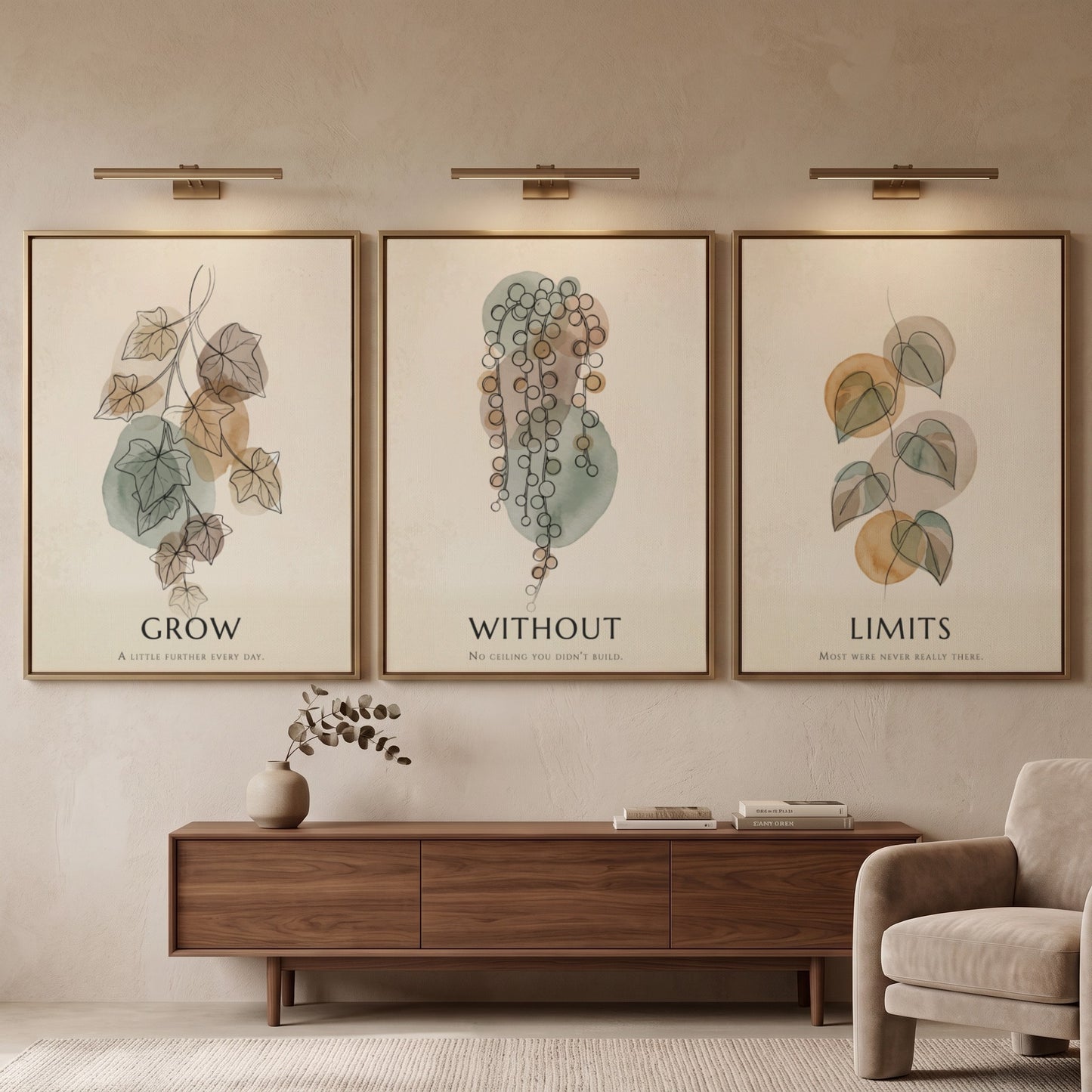 Poster set featuring three botanical illustrations with sage green and ochre organic shapes