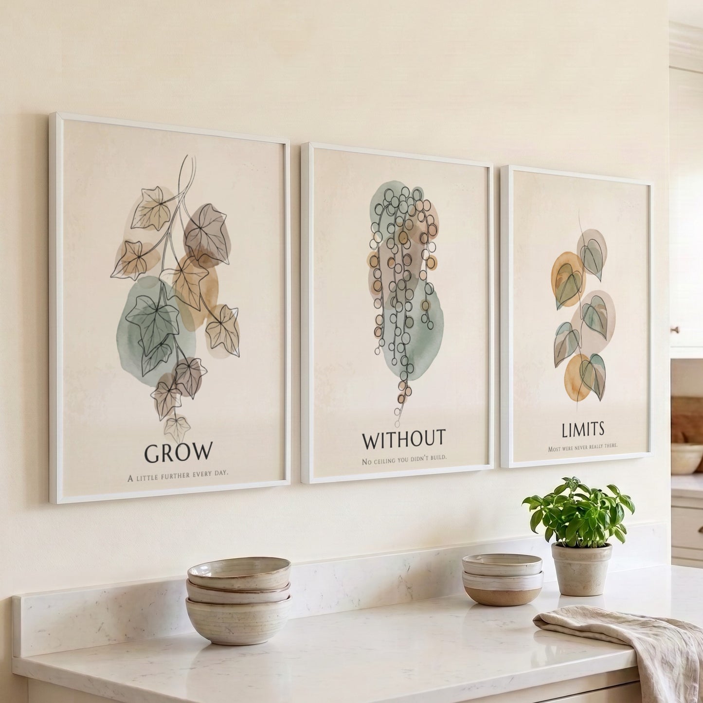 Poster set featuring three botanical illustrations with sage green and ochre organic shapes