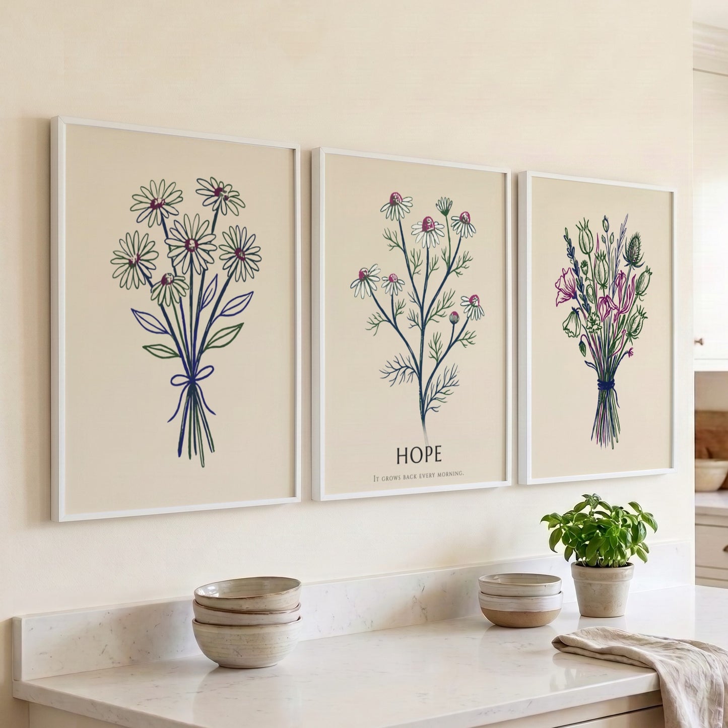 Poster set showing three botanical wildflower bouquets with the word Hope in cream.