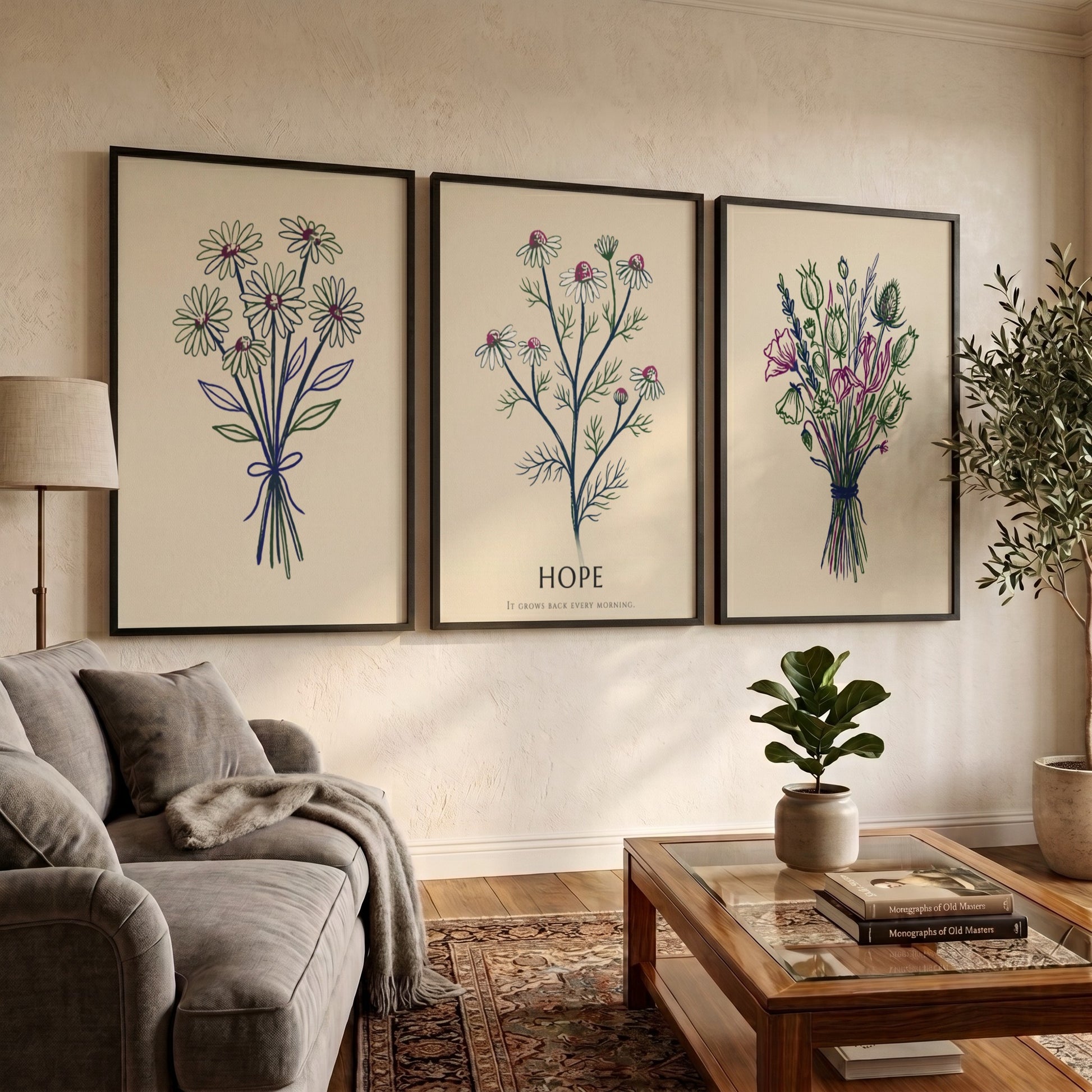 Poster set showing three botanical wildflower bouquets with the word Hope in cream.