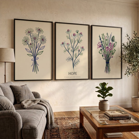 Poster set showing three botanical wildflower bouquets with the word Hope in cream.