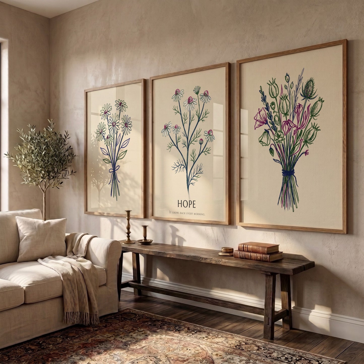 Poster set showing three botanical wildflower bouquets with the word Hope in cream.