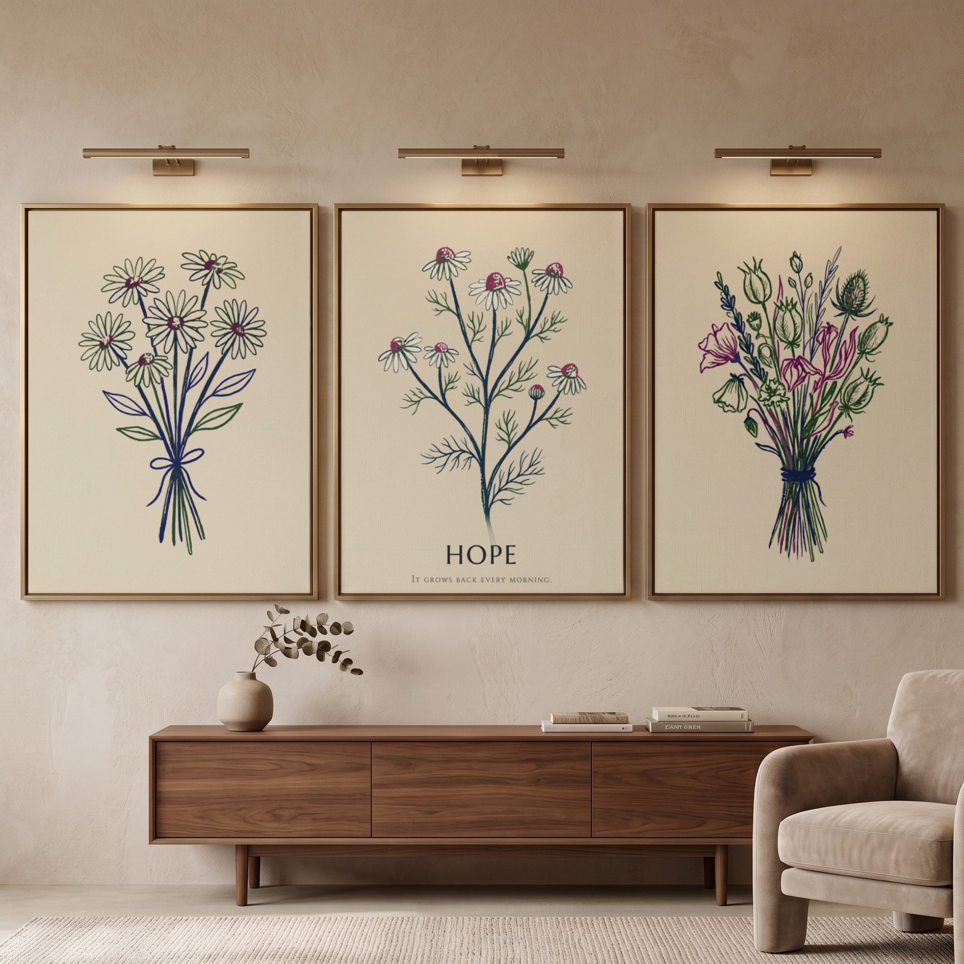 Poster set showing three botanical wildflower bouquets with the word Hope in cream.