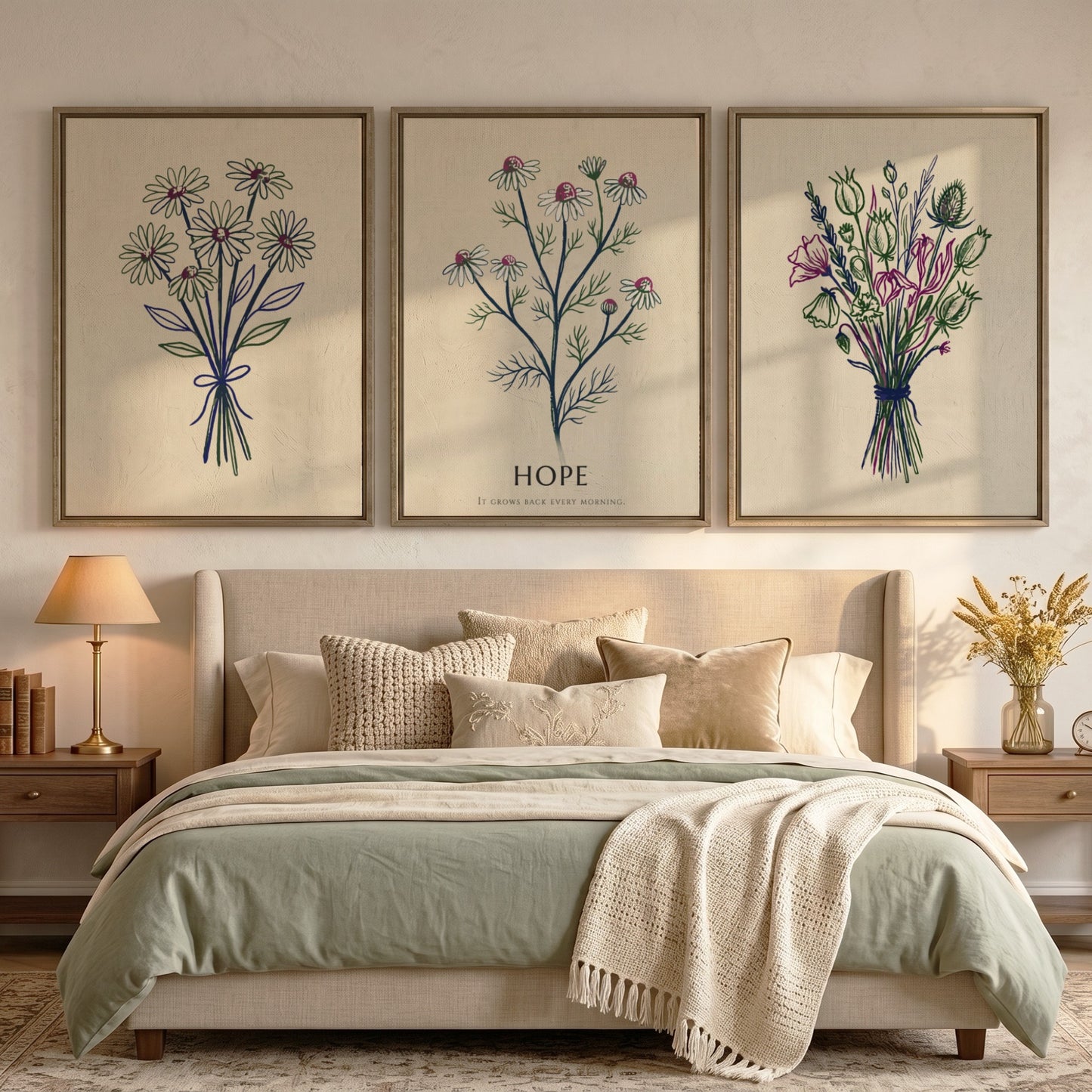 Poster set showing three botanical wildflower bouquets with the word Hope in cream.