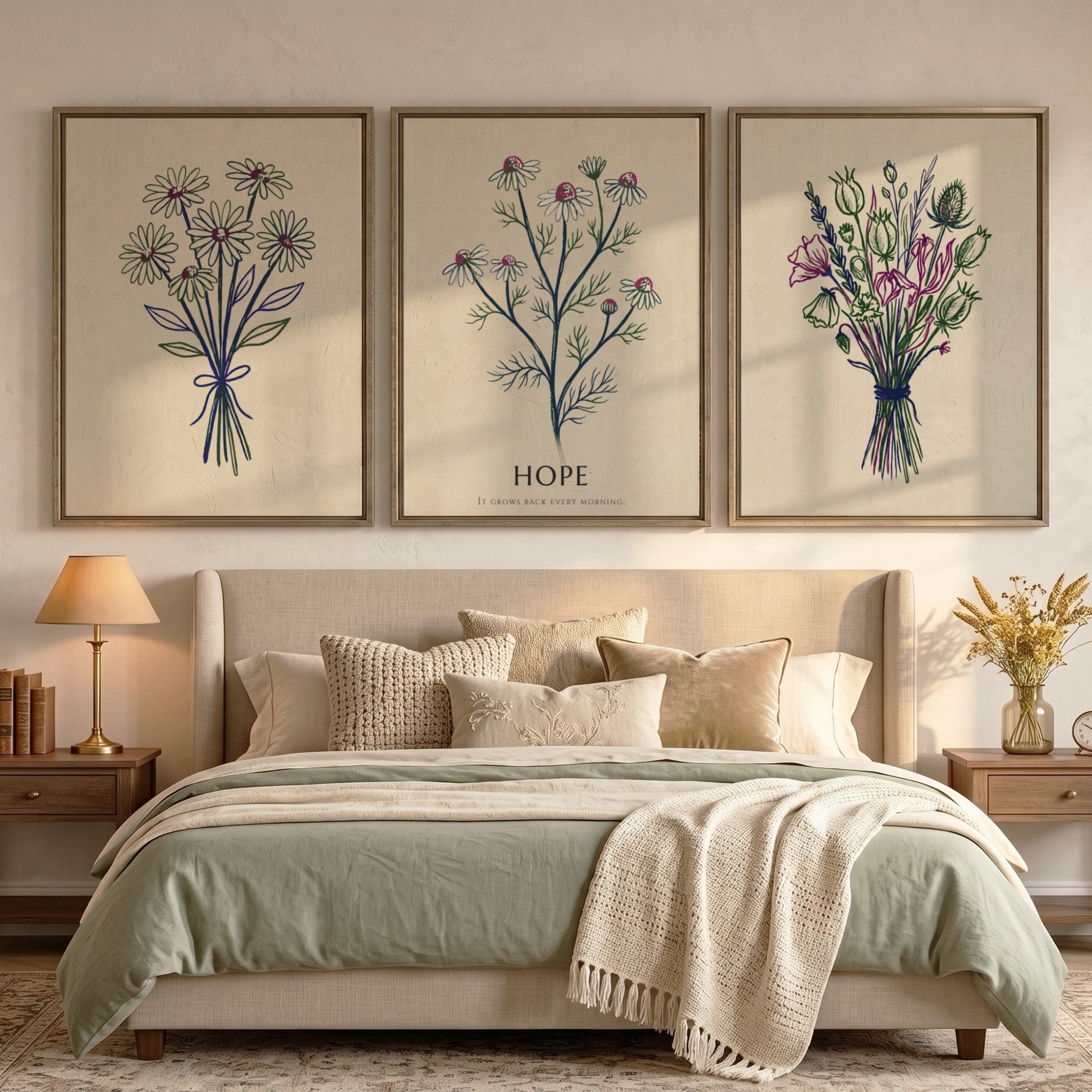 Poster set showing three botanical wildflower bouquets with the word Hope in cream.