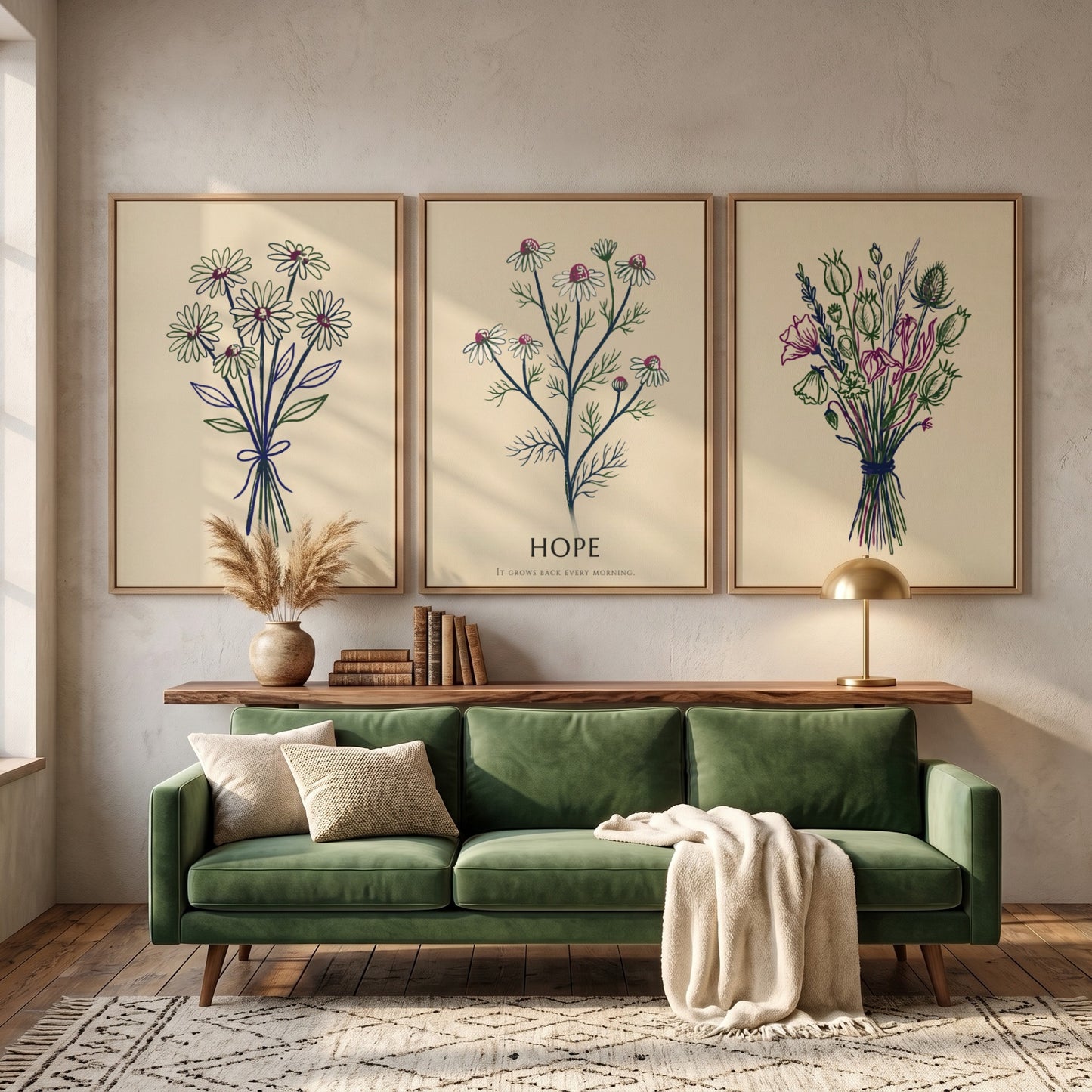 Poster set showing three botanical wildflower bouquets with the word Hope in cream.