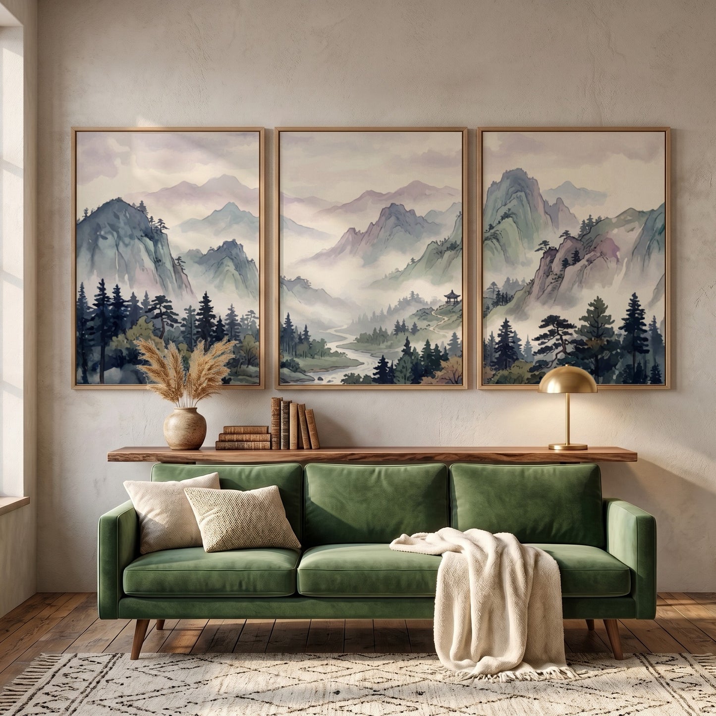Triptych of Japanese mountain valley landscape prints in soft watercolour blues and lavenders.