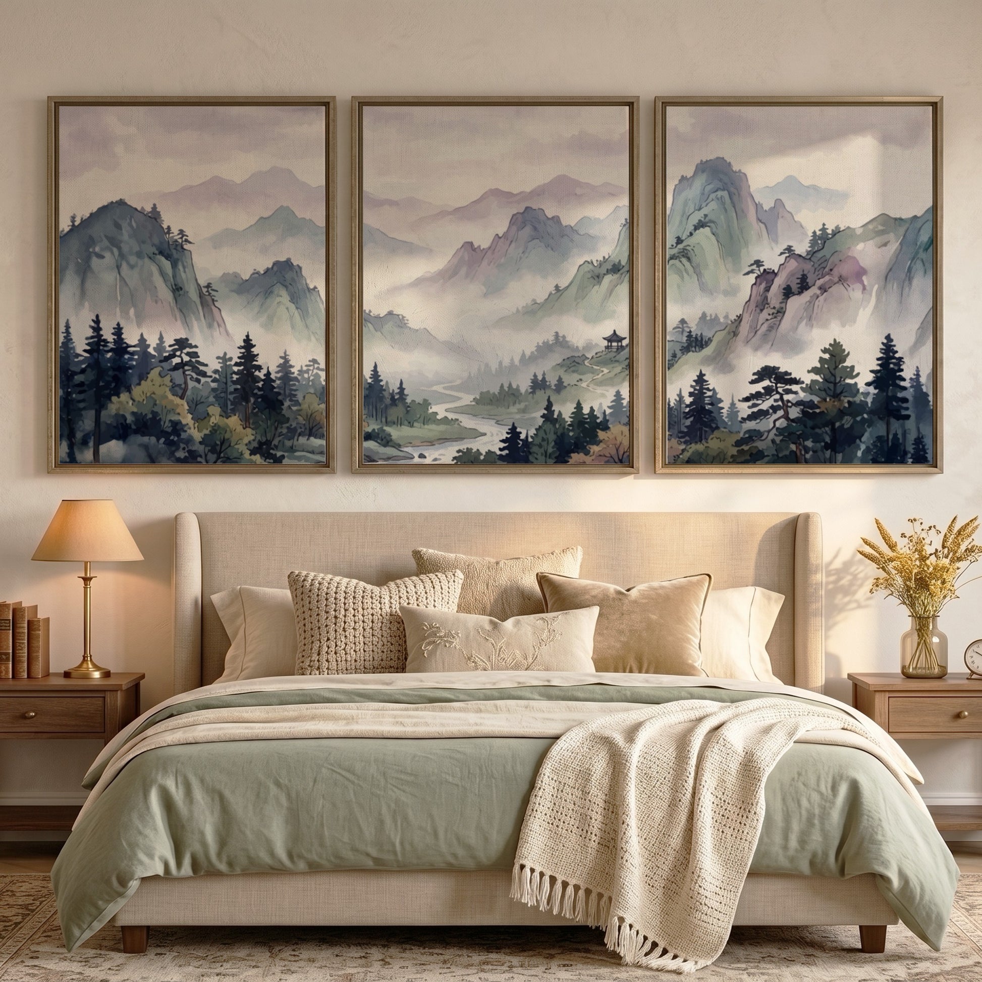 Triptych of Japanese mountain valley landscape prints in soft watercolour blues and lavenders.