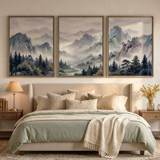 Triptych of Japanese mountain valley landscape prints in soft watercolour blues and lavenders.
