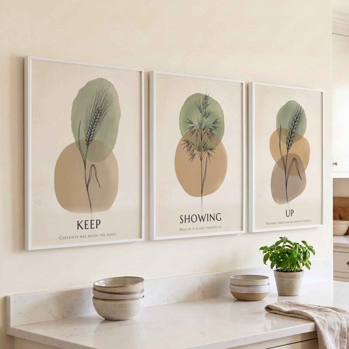 Poster set featuring botanical illustrations with Keep Showing Up text in earth tones