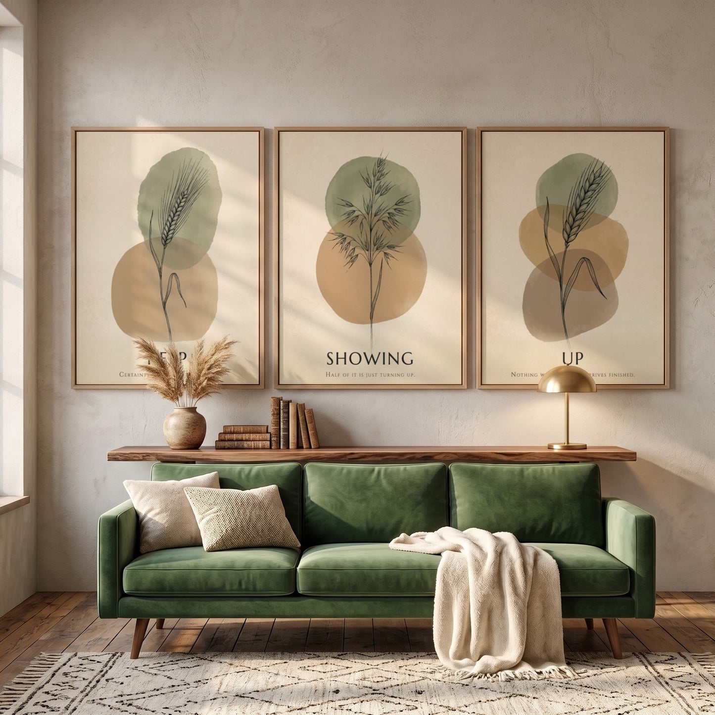 Poster set featuring botanical illustrations with Keep Showing Up text in earth tones