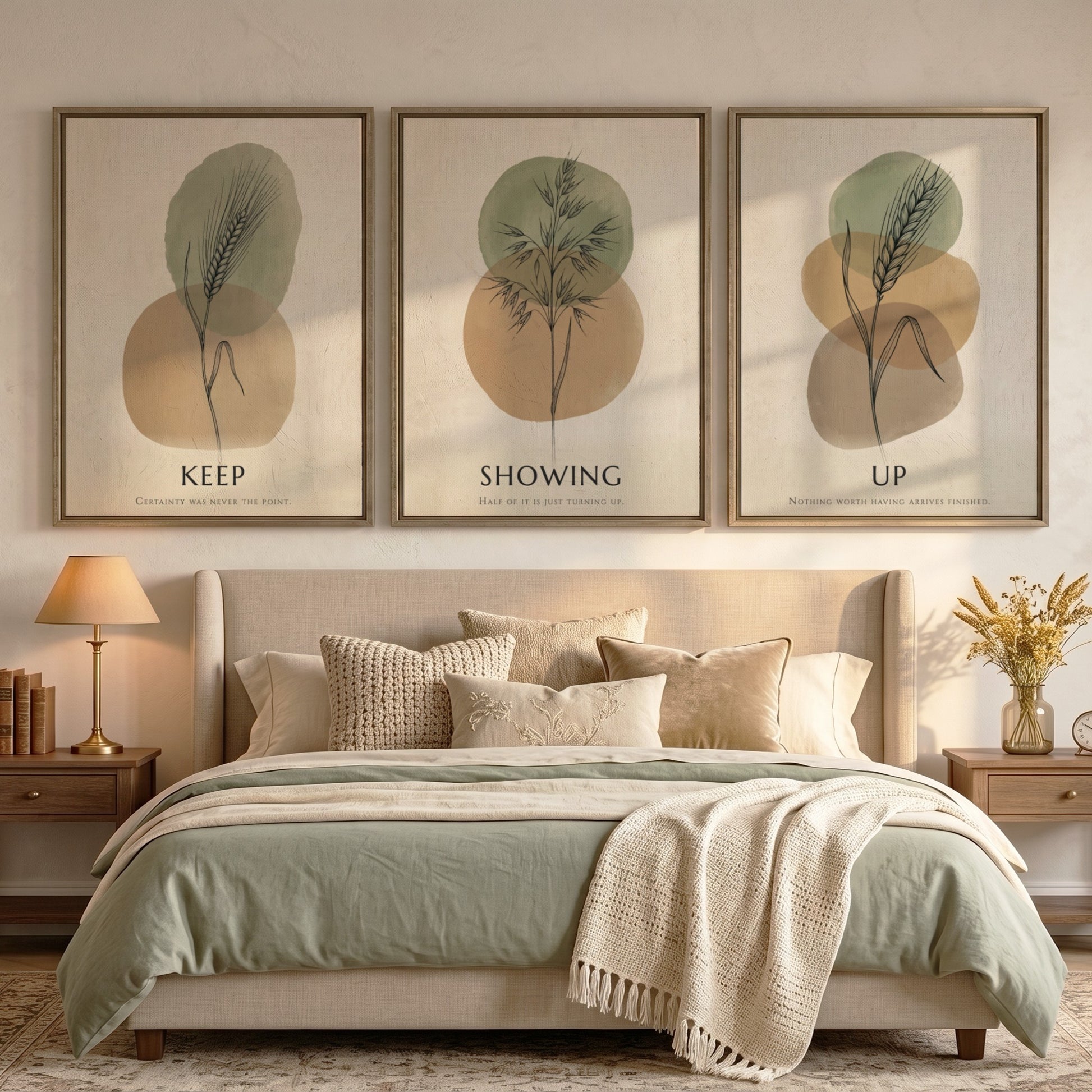 Poster set featuring botanical illustrations with Keep Showing Up text in earth tones