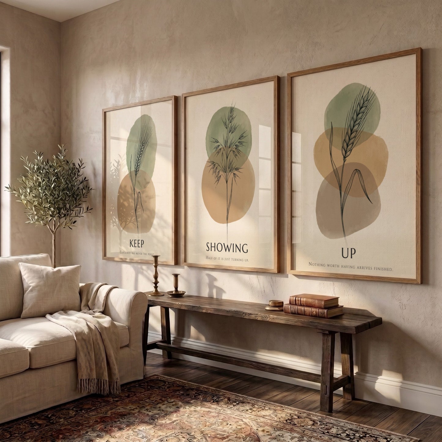 Poster set featuring botanical illustrations with Keep Showing Up text in earth tones