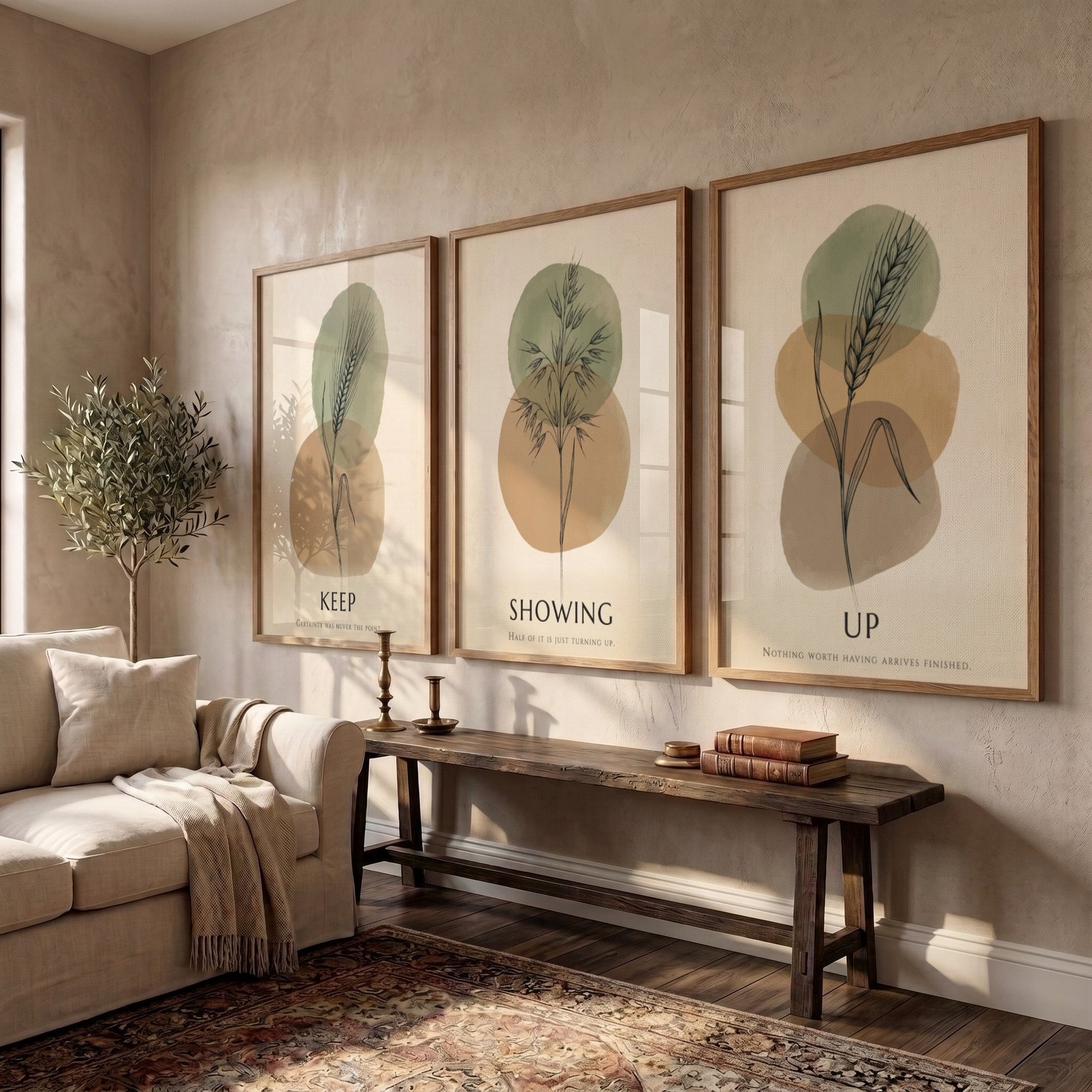 Poster set featuring botanical illustrations with Keep Showing Up text in earth tones