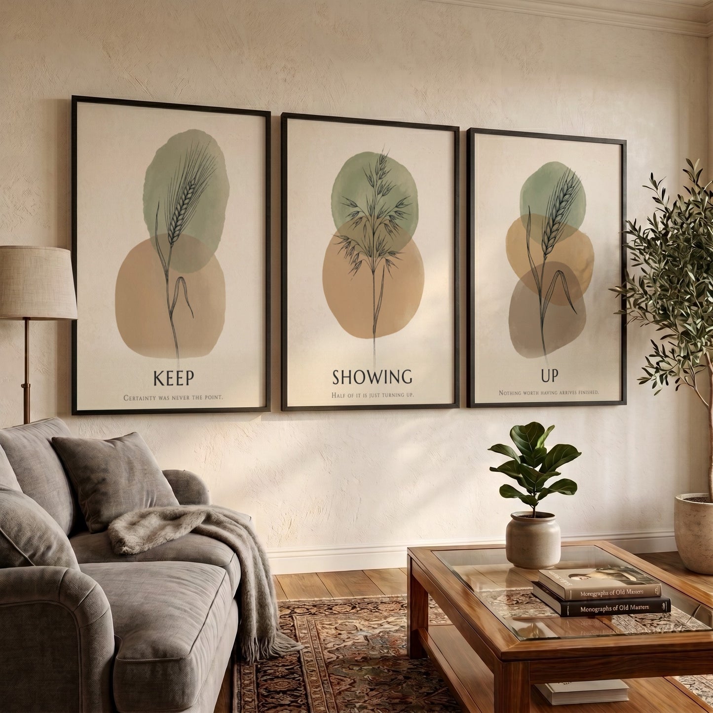 Poster set featuring botanical illustrations with Keep Showing Up text in earth tones