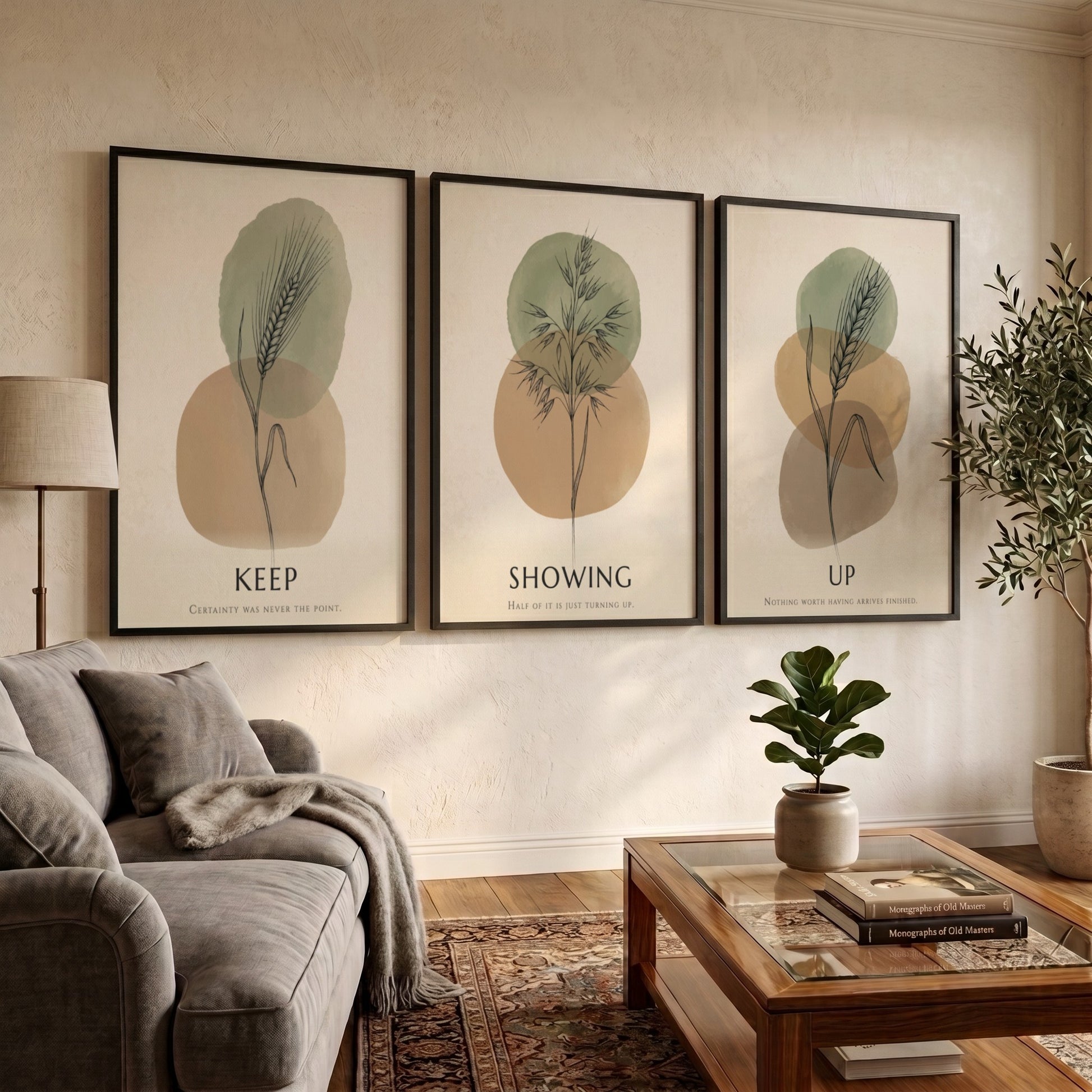 Poster set featuring botanical illustrations with Keep Showing Up text in earth tones