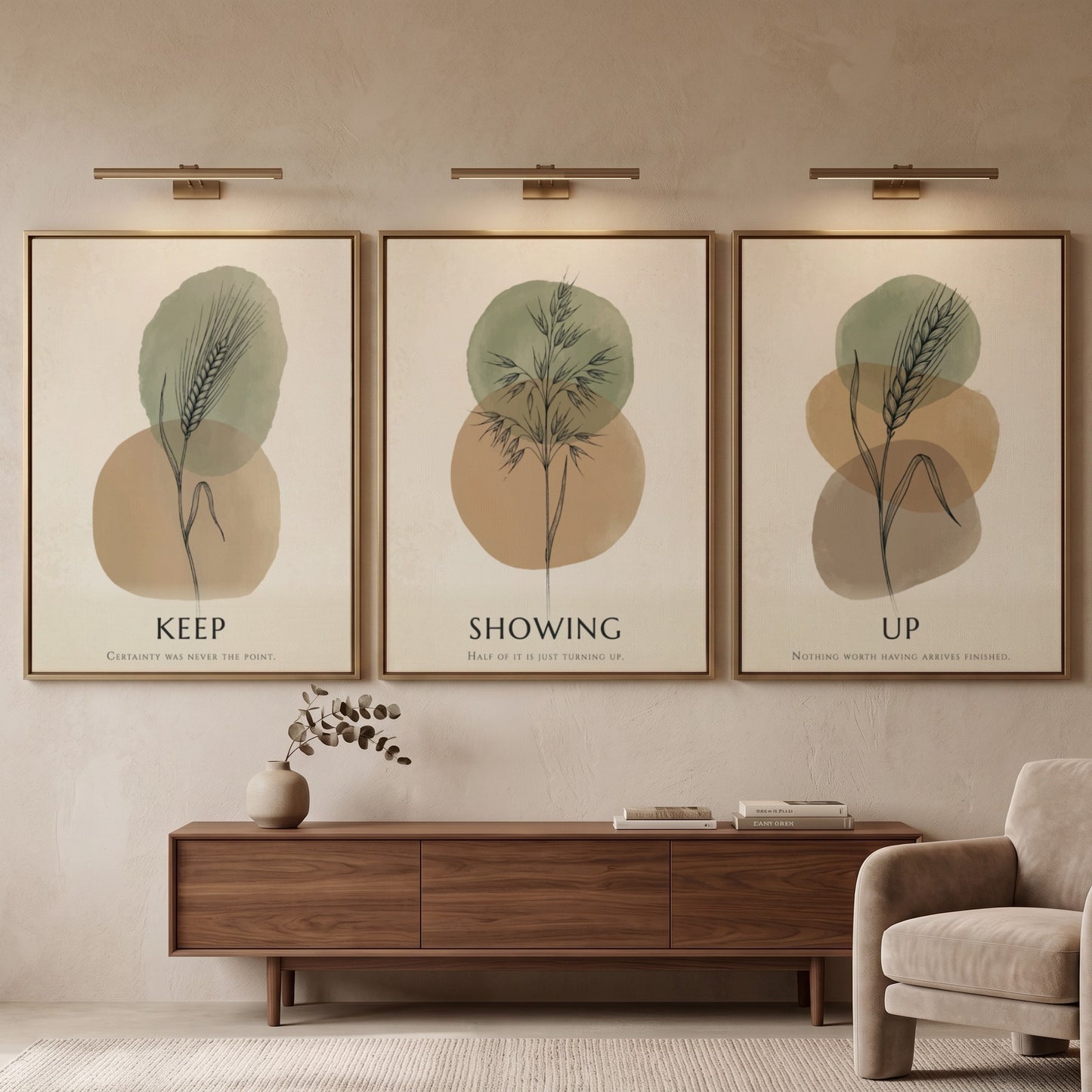 Poster set featuring botanical illustrations with Keep Showing Up text in earth tones