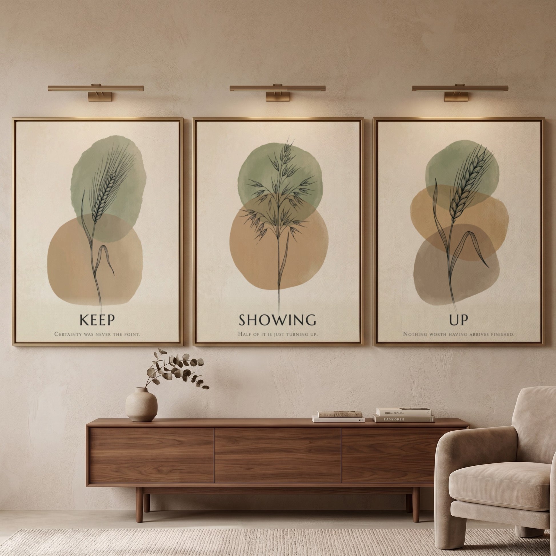 Poster set featuring botanical illustrations with Keep Showing Up text in earth tones