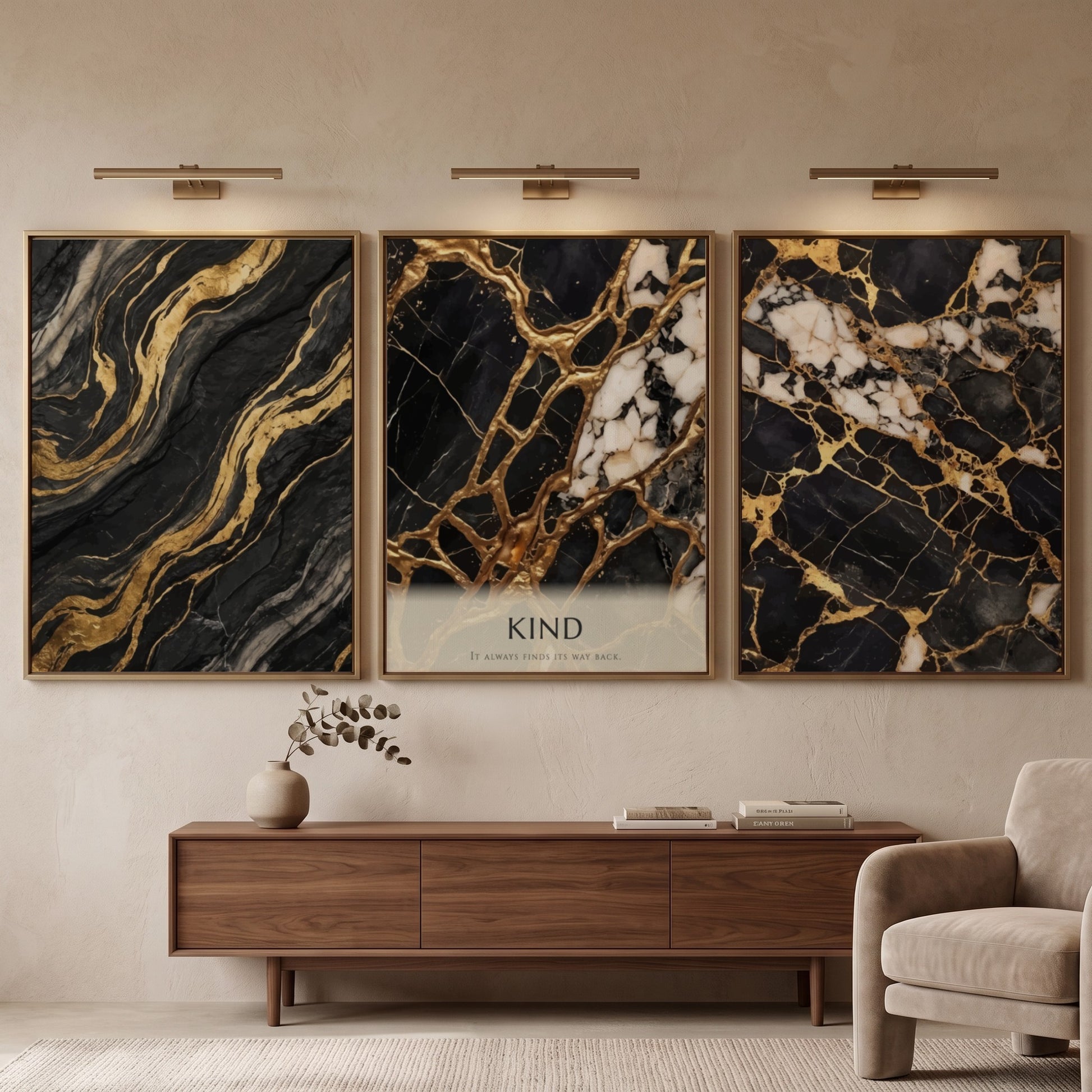 Poster set featuring black marble with gold veins and the word Kind displayed