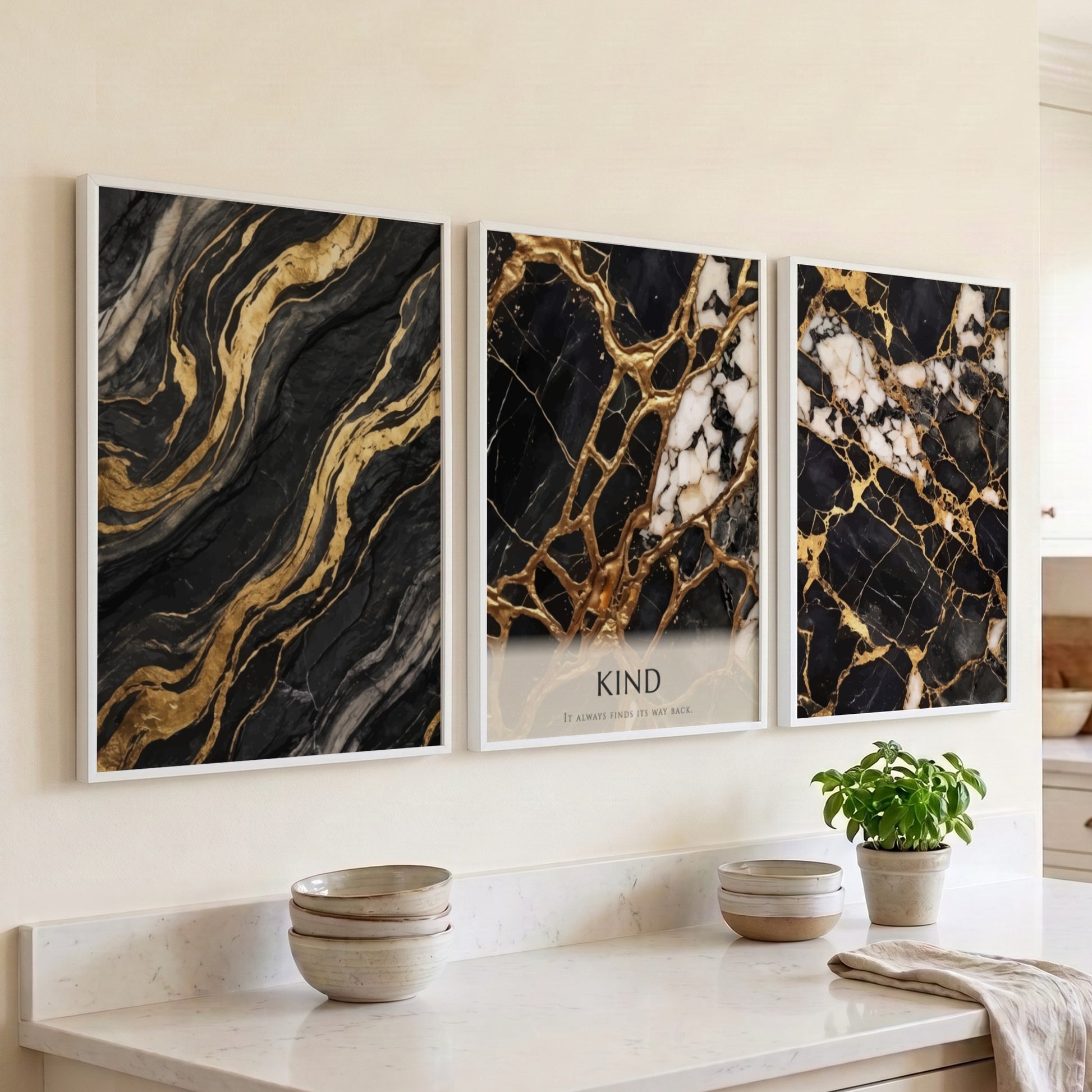 Poster set featuring black marble with gold veins and the word Kind displayed