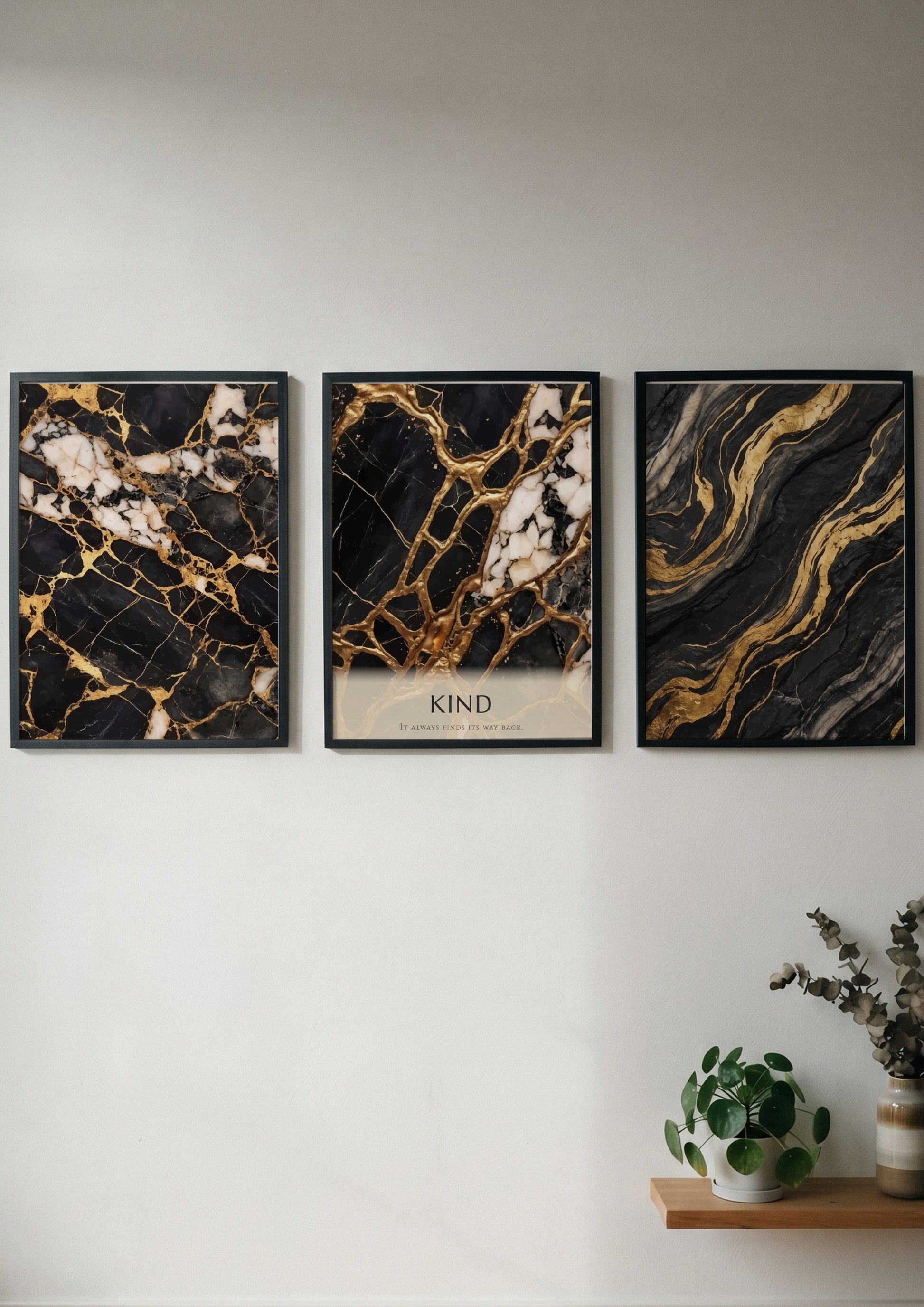 Poster set featuring black marble with gold veins and the word Kind displayed