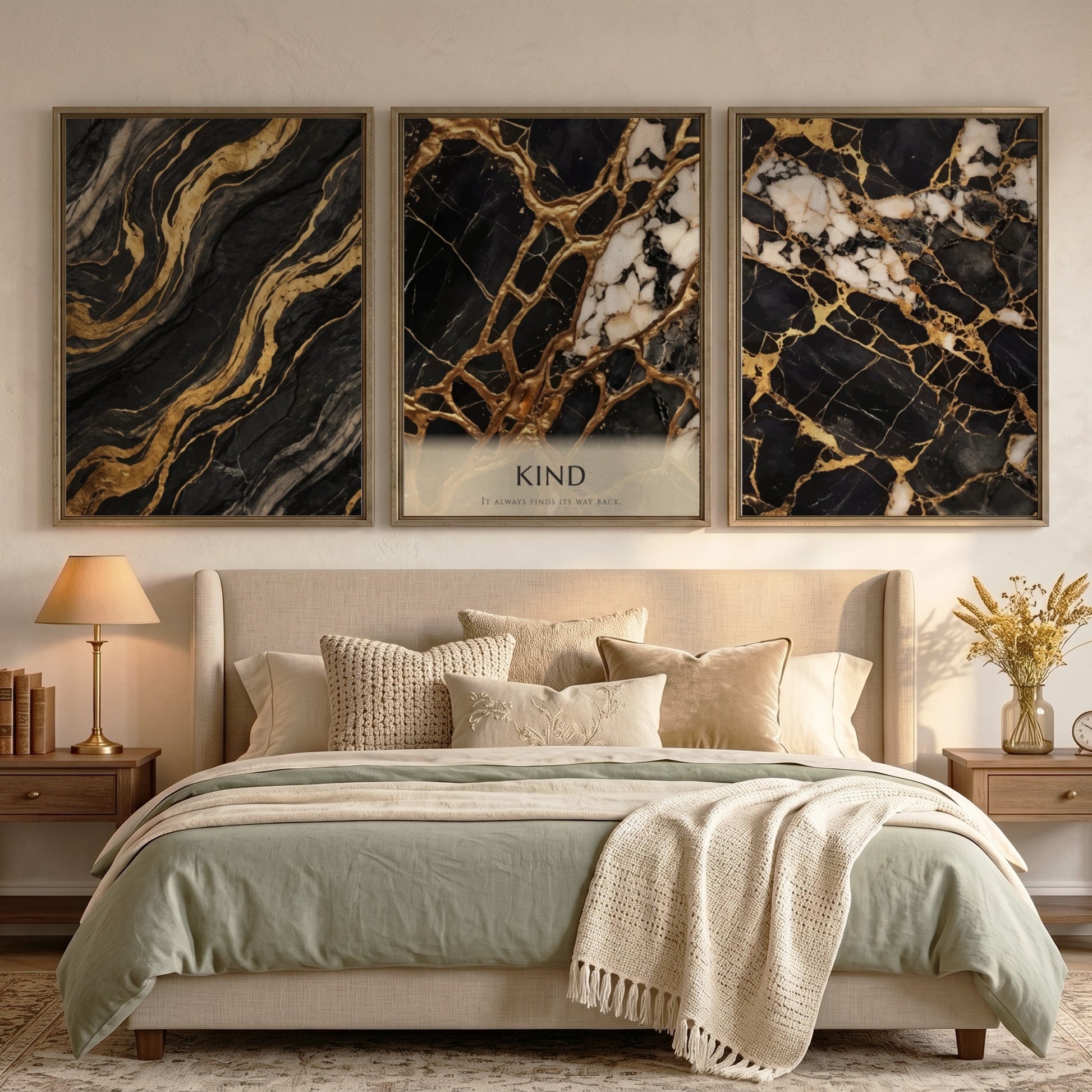 Poster set featuring black marble with gold veins and the word Kind displayed