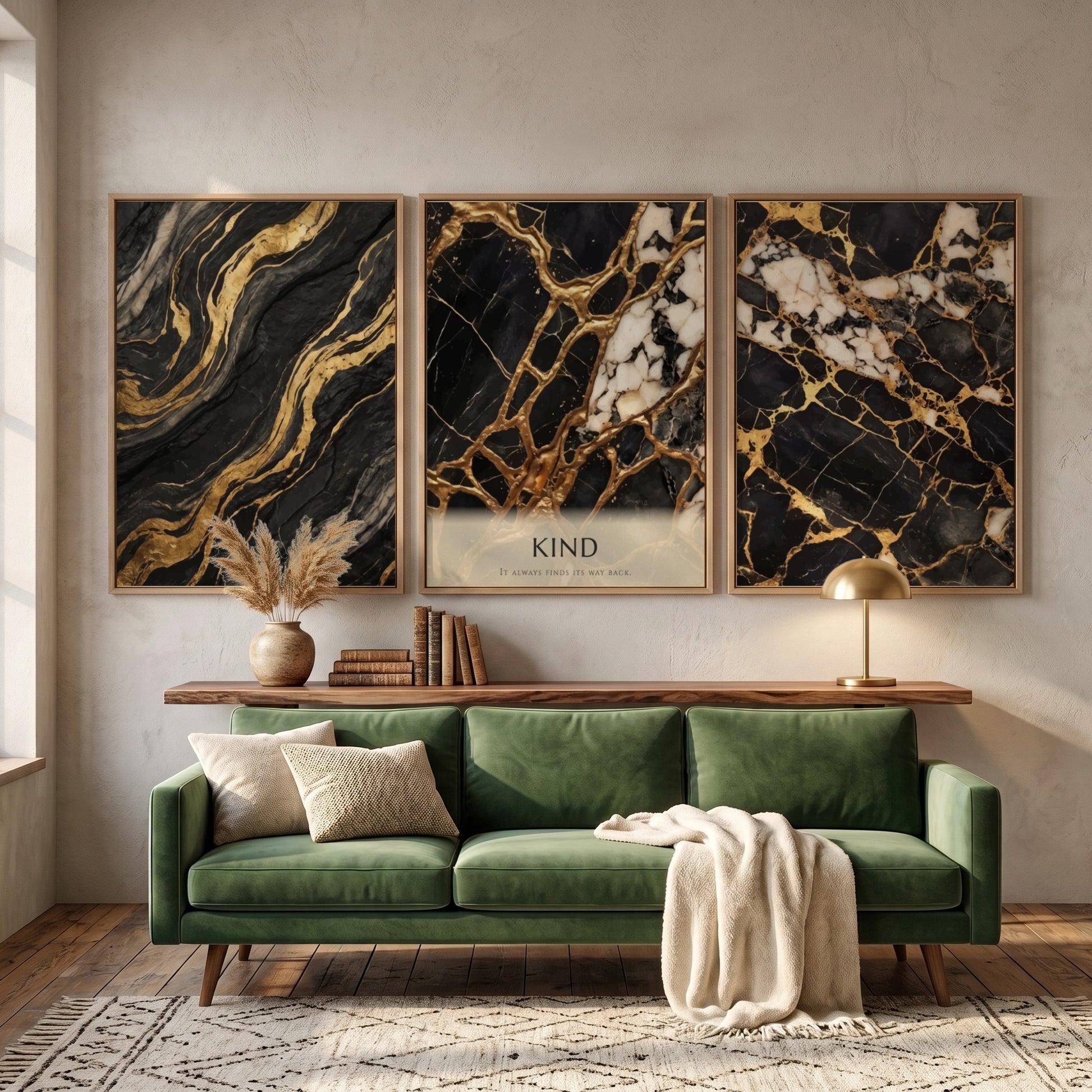 Poster set featuring black marble with gold veins and the word Kind displayed