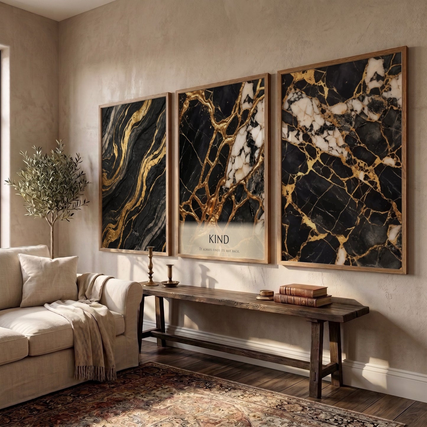 Poster set featuring black marble with gold veins and the word Kind displayed