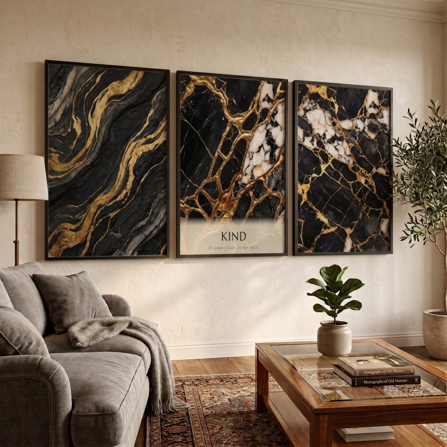 Poster set featuring black marble with gold veins and the word Kind displayed
