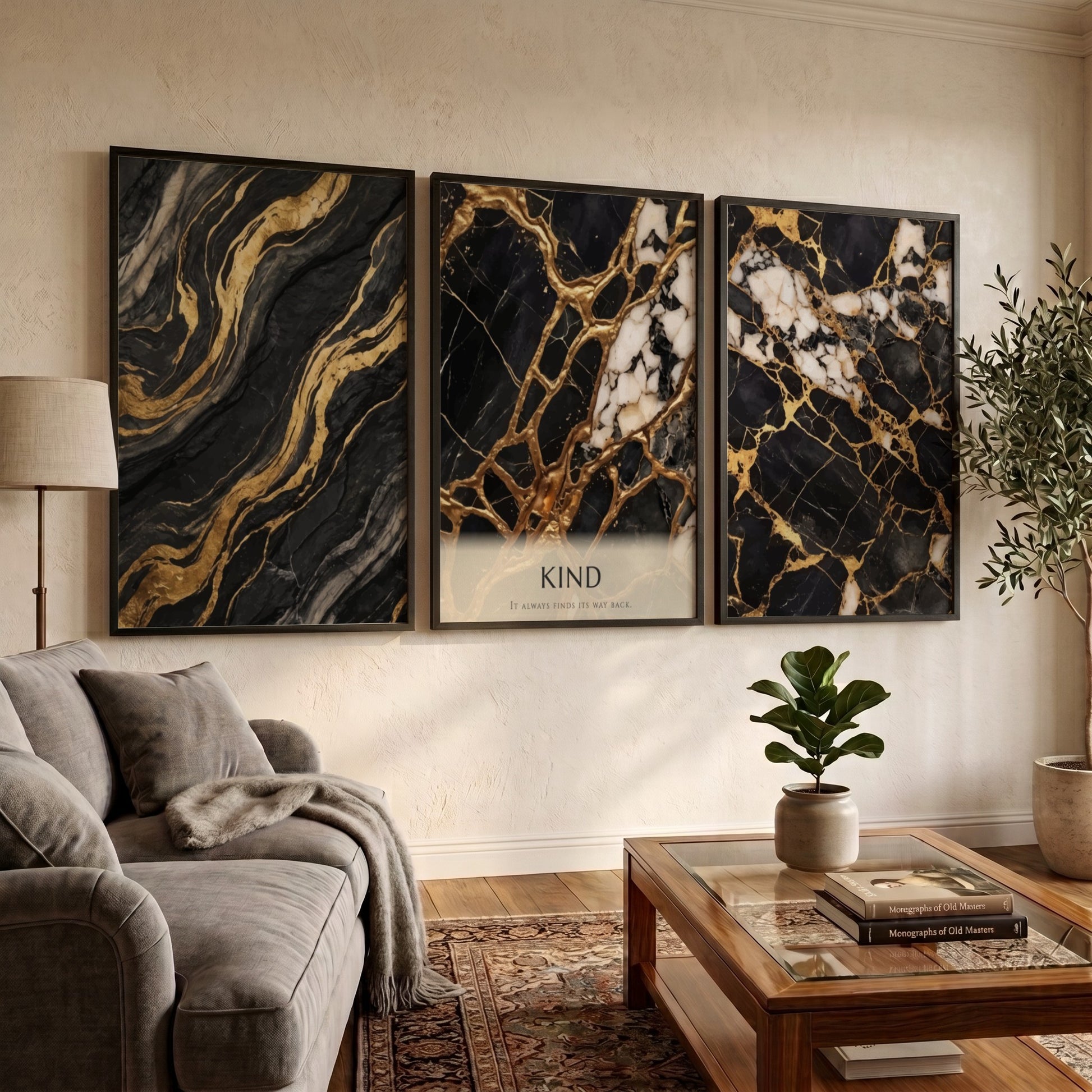 Poster set featuring black marble with gold veins and the word Kind displayed