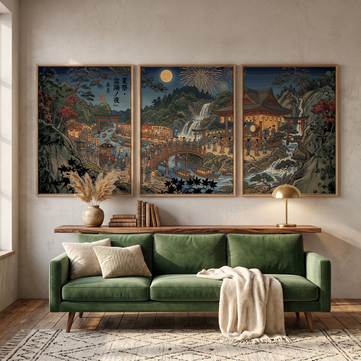 Three framed Japanese Ukiyo-e style posters showing a night festival with lanterns and waterfalls