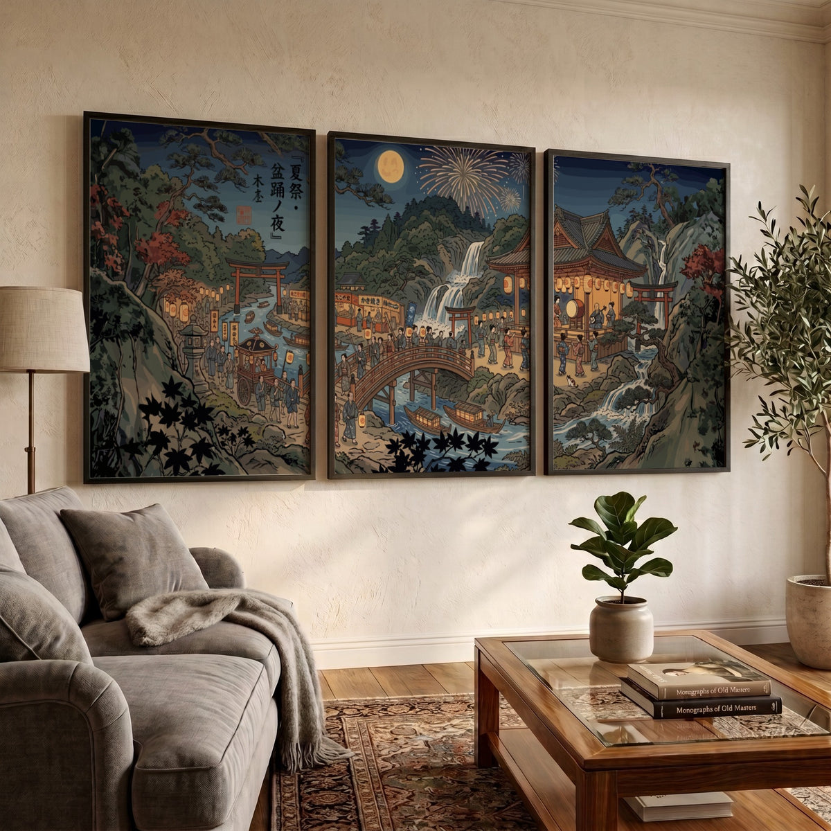 Three framed Japanese Ukiyo-e style posters showing a night festival with lanterns and waterfalls