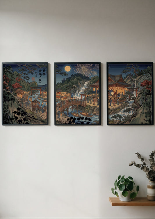 Three framed Japanese Ukiyo-e style posters showing a night festival with lanterns and waterfalls
