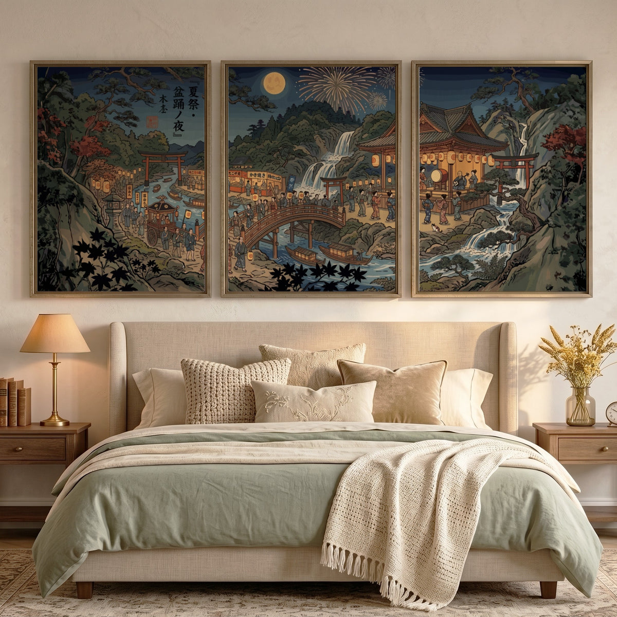Three framed Japanese Ukiyo-e style posters showing a night festival with lanterns and waterfalls