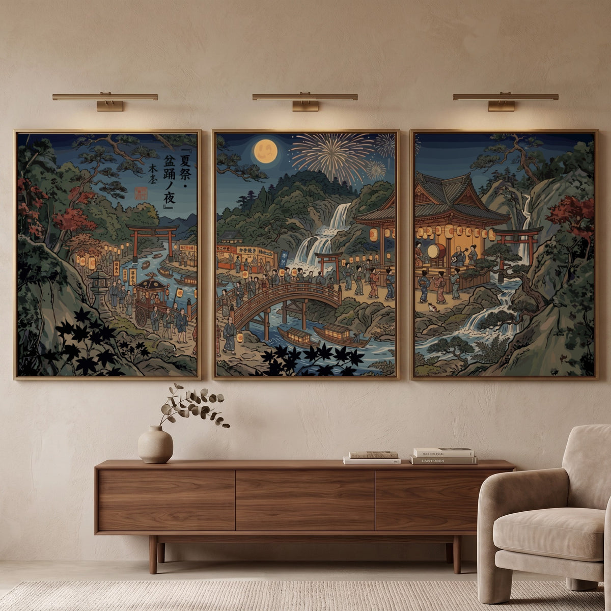 Three framed Japanese Ukiyo-e style posters showing a night festival with lanterns and waterfalls