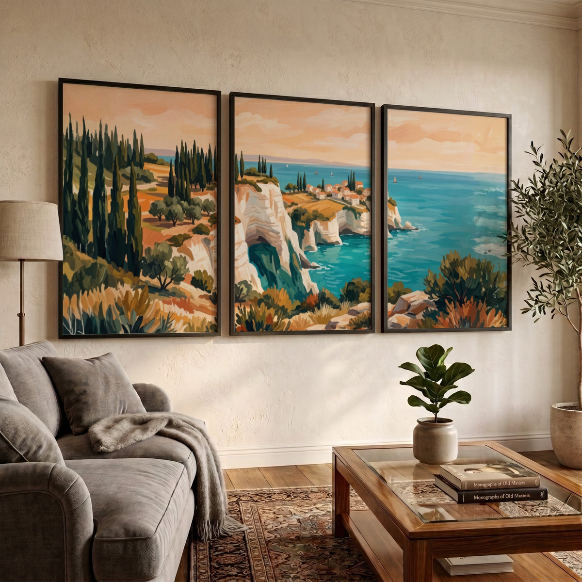 Three framed landscape prints showing Mediterranean cliffs cypress trees and blue ocean water