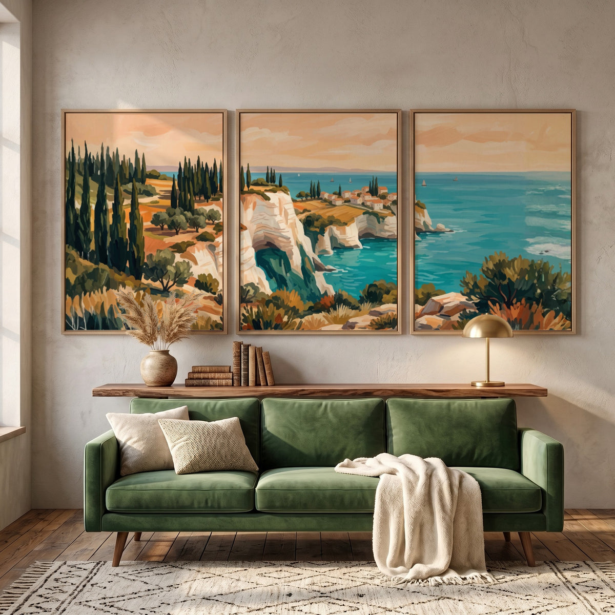 Three framed landscape prints showing Mediterranean cliffs cypress trees and blue ocean water