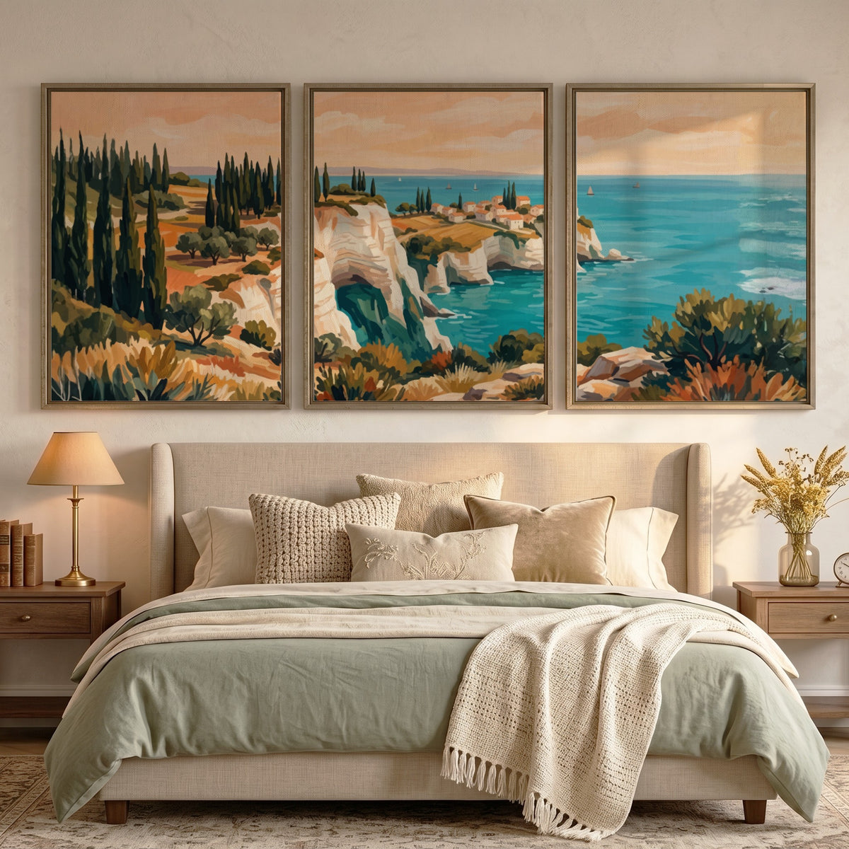 Three framed landscape prints showing Mediterranean cliffs cypress trees and blue ocean water
