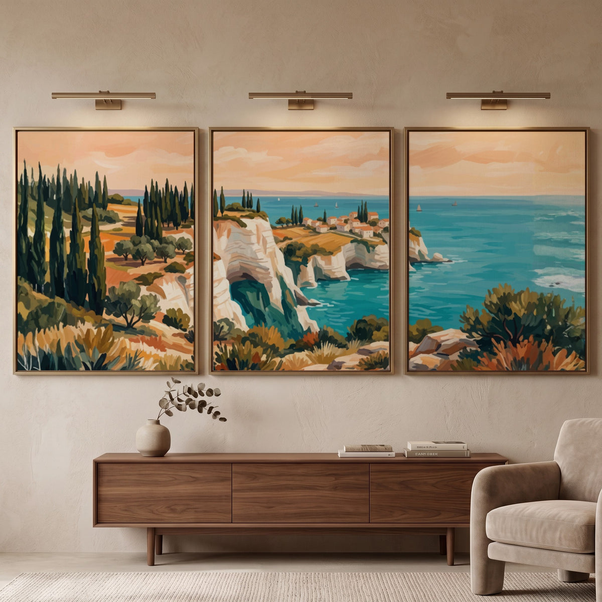 Three framed landscape prints showing Mediterranean cliffs cypress trees and blue ocean water