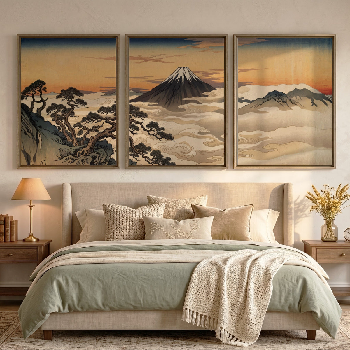 Three framed Japanese landscape prints featuring Mount Fuji rising above clouds at sunset