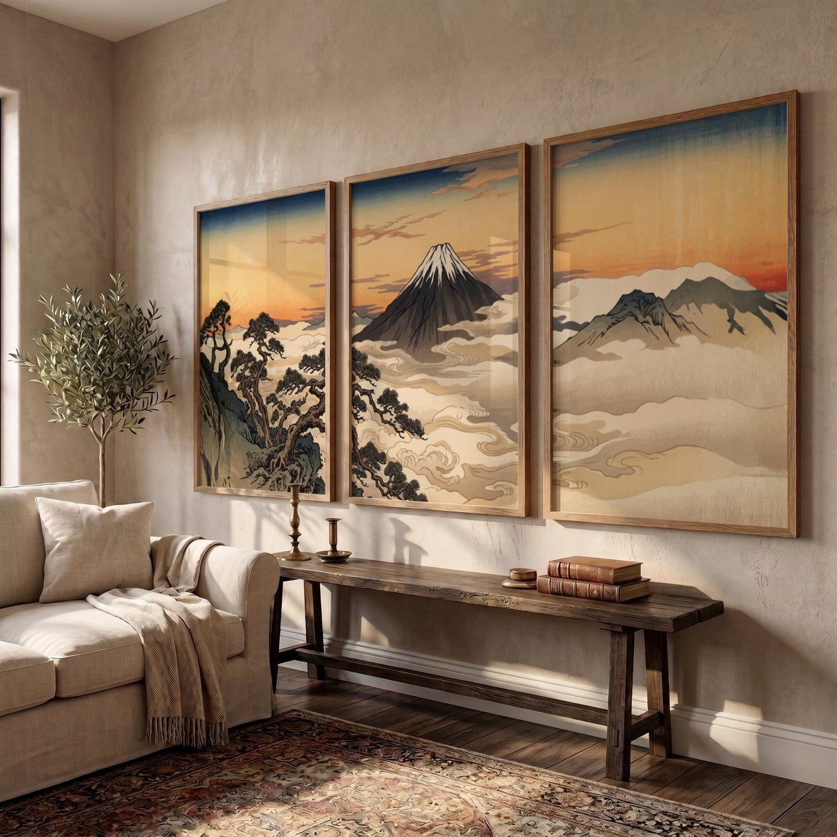 Three framed Japanese landscape prints featuring Mount Fuji rising above clouds at sunset