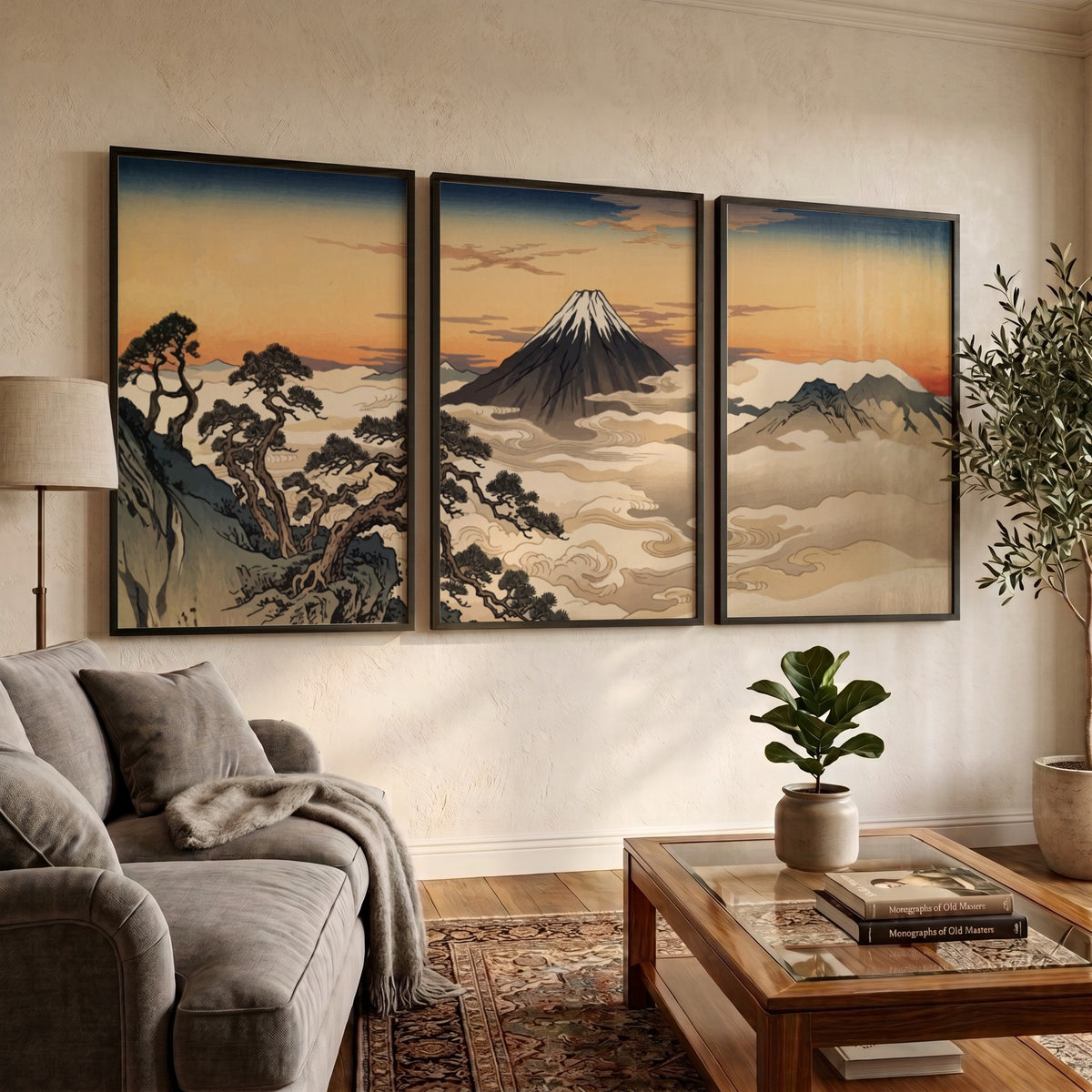 Three framed Japanese landscape prints featuring Mount Fuji rising above clouds at sunset