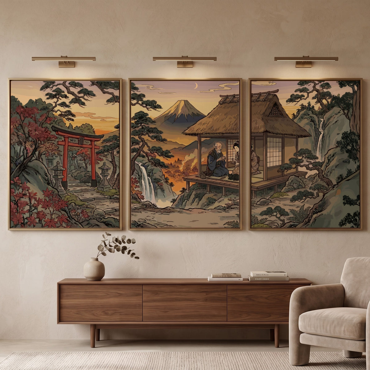 Three framed Japanese mountain landscape prints featuring a torii gate and teahouse setting