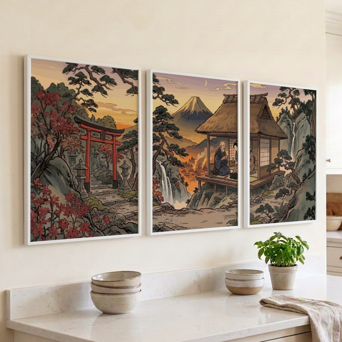 Three framed Japanese mountain landscape prints featuring a torii gate and teahouse setting