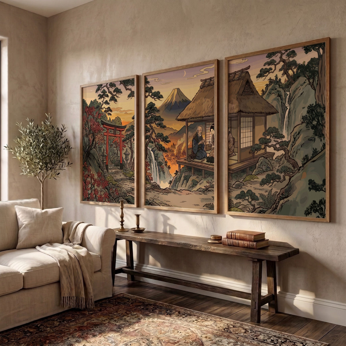 Three framed Japanese mountain landscape prints featuring a torii gate and teahouse setting