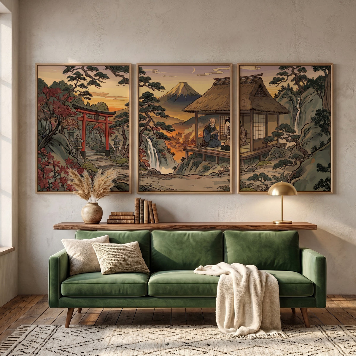 Three framed Japanese mountain landscape prints featuring a torii gate and teahouse setting
